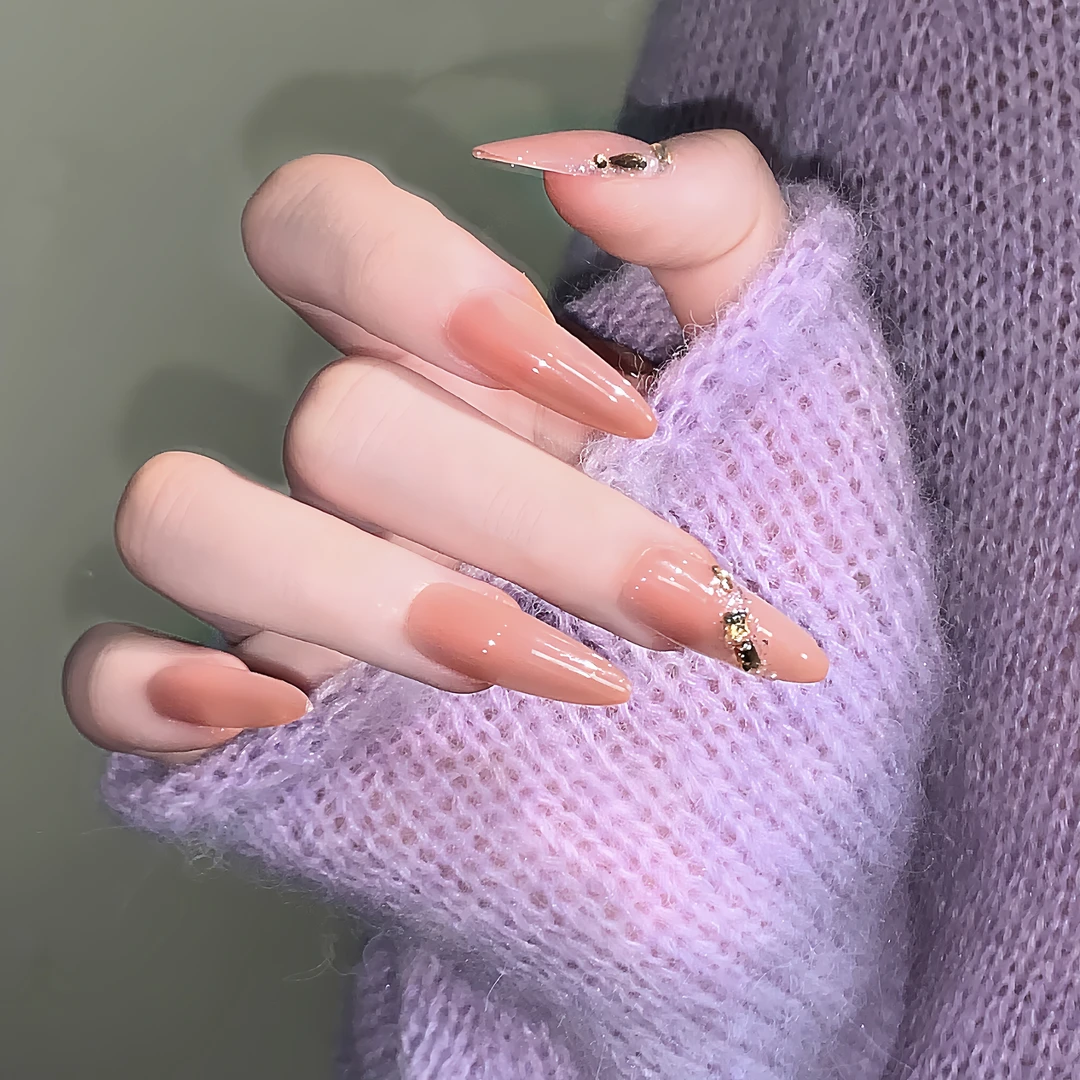 【千金女神】手工穿戴甲秋冬高级感裸粉爆闪美甲中长款美甲穿戴甲片