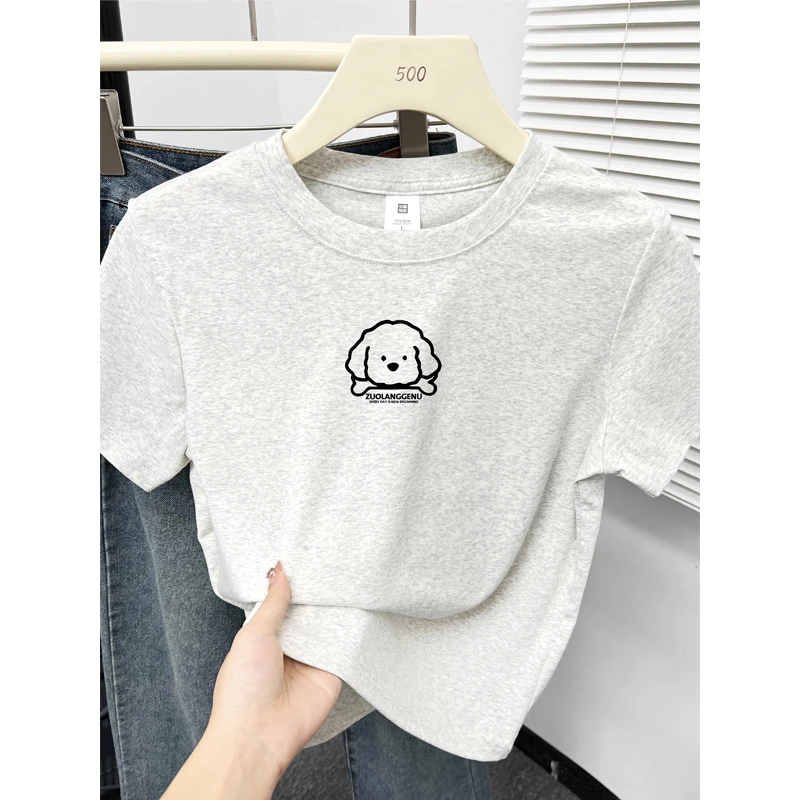 可爱小狗印花圆领正肩短袖女t恤夏季设计感大码胖mm显瘦百搭上衣