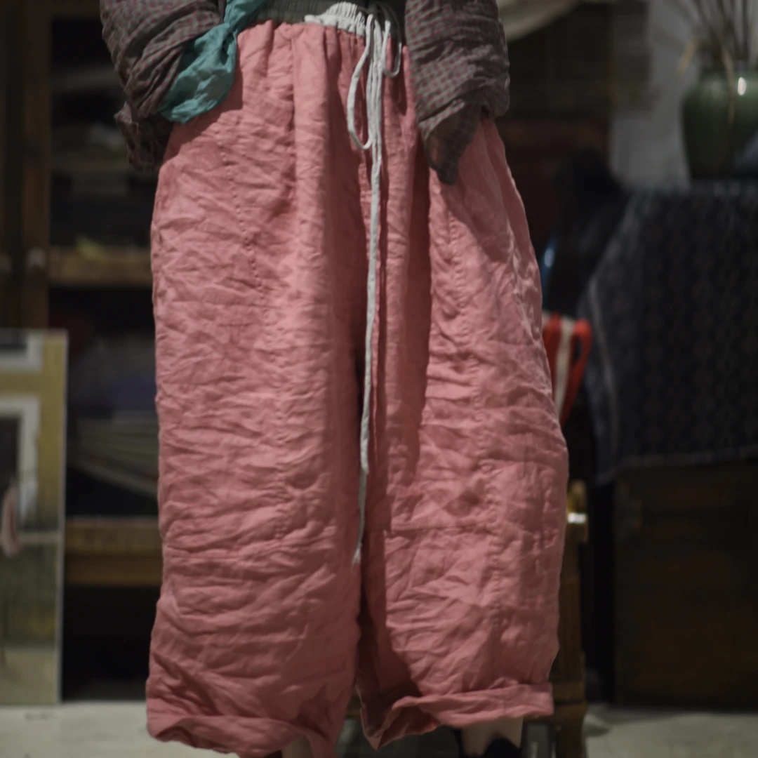 素年未央SN143 亚麻撞色松紧抽带拼接休闲裤宽松