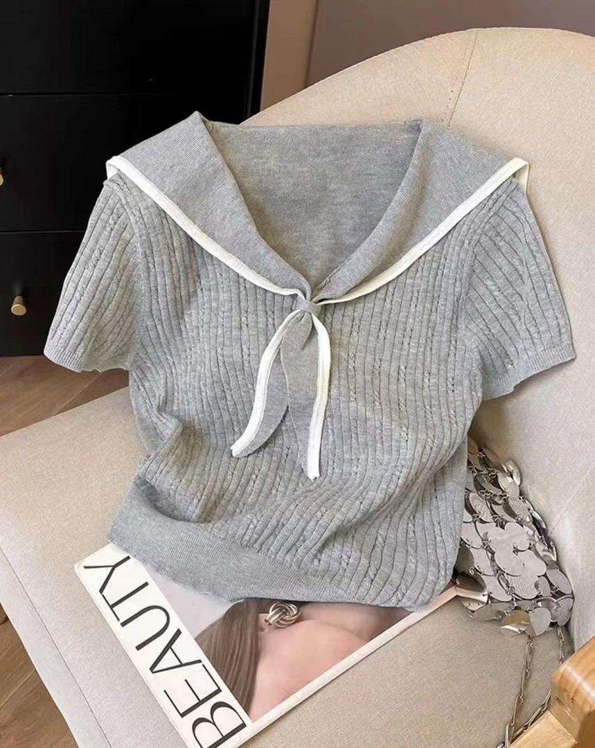针织衫女2025夏季爆款计感小众海军领减龄修身冰丝正肩上衣#2521