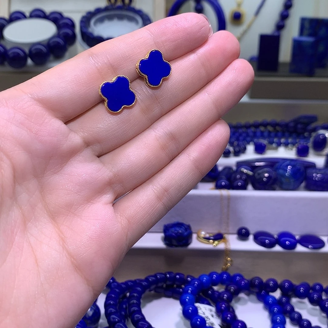 青金石合金天然原矿四叶草耳钉11m+