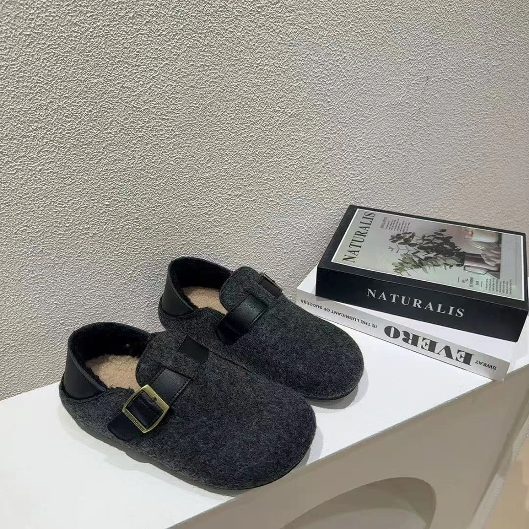 勃肯鞋女灰色秋冬新款毛呢厚底百搭两穿毛毛鞋加绒保暖穆勒鞋棉鞋