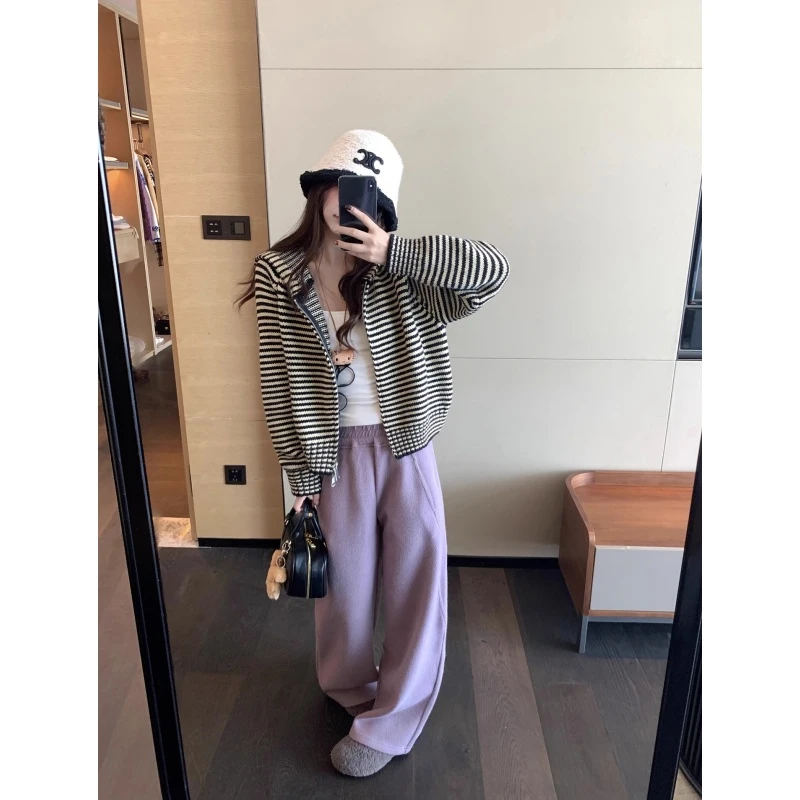 针织衫连帽拉链高腰毛针织衫休闲风运动百搭显瘦秋冬季条纹