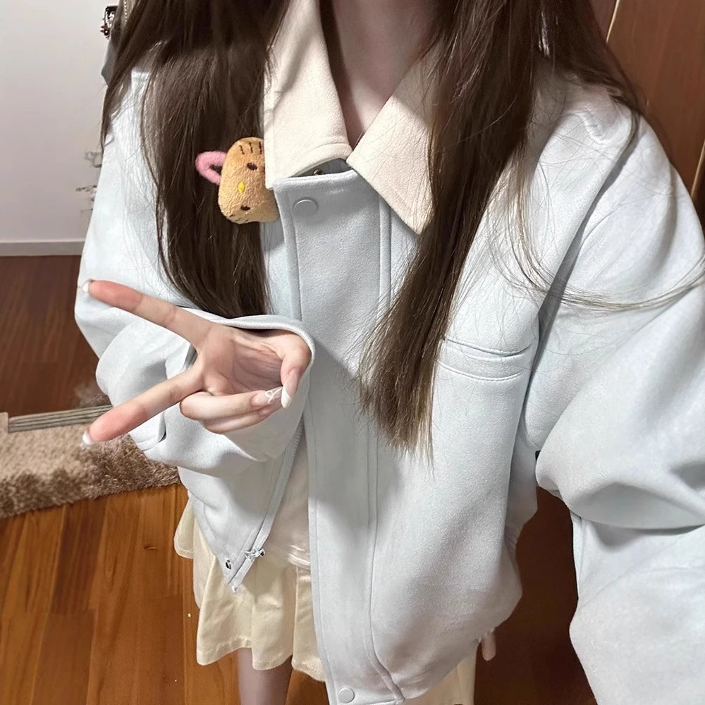 蓝色翻领球服外秋季2025款式甜克仿麂绒早秋上衣