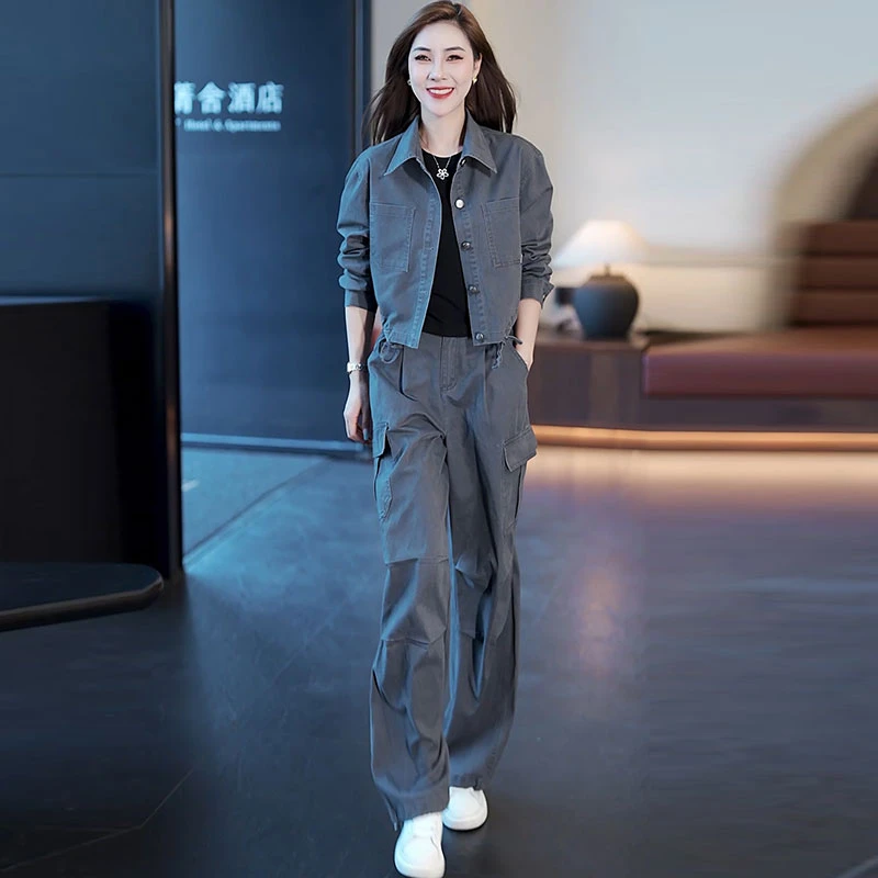 拉夏贝尔时尚牛仔套装女2025新洋气显瘦短款外套工装阔腿裤两件套