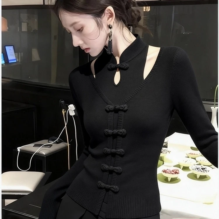 新中式黑色盘扣针织衫女秋打底内搭高端超好看气质掐腰假两件上衣