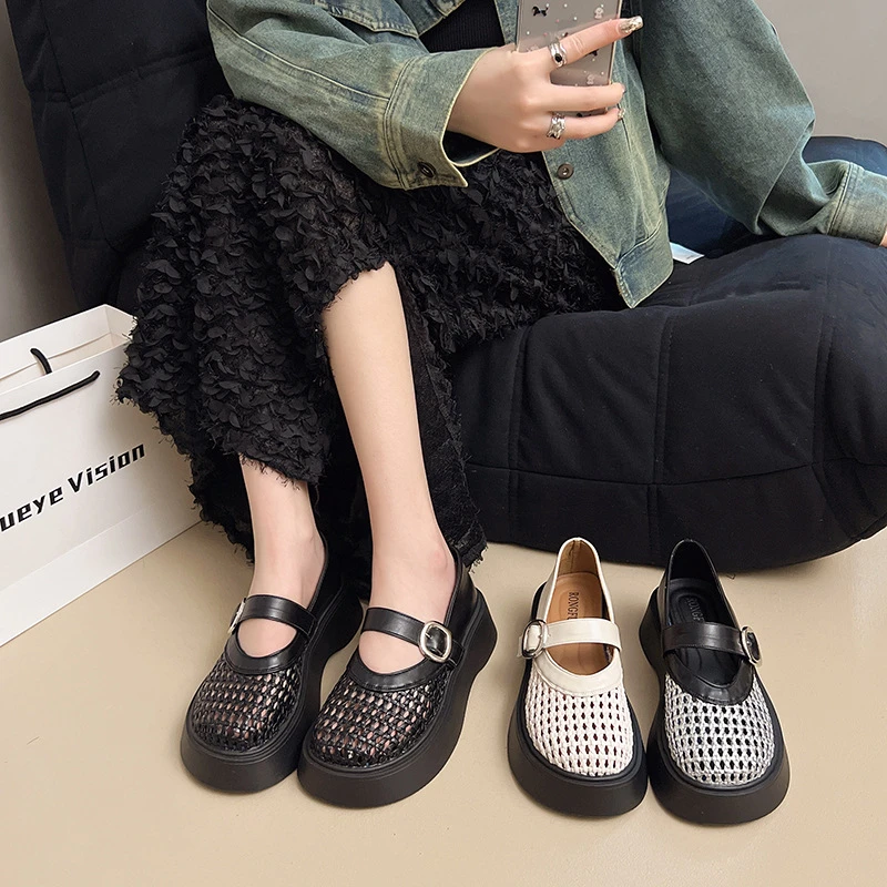 镂空渔网钩编一字带玛丽珍单鞋女2025年夏季新款圆头平底芭蕾舞鞋