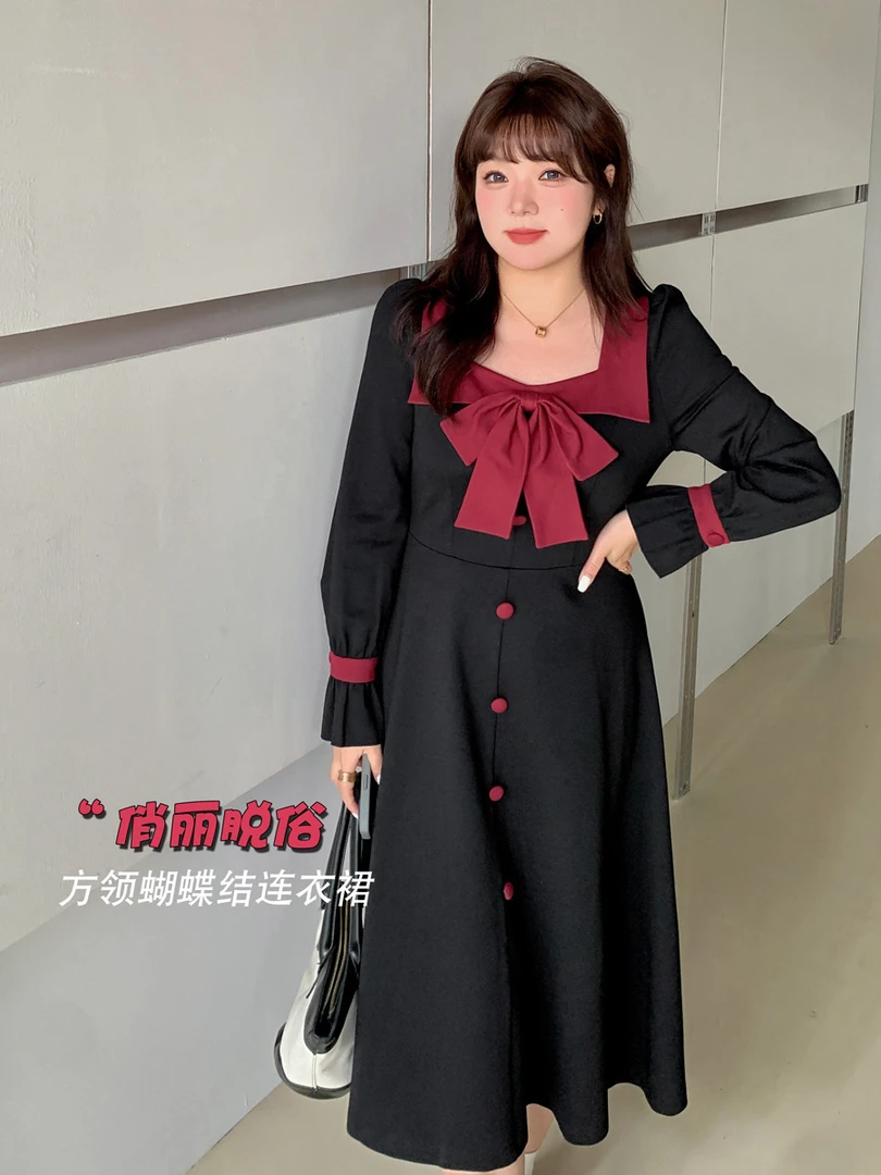 YH-2651大码女装法式复古高腰撞色长款连衣裙子微胖mm裙子春秋