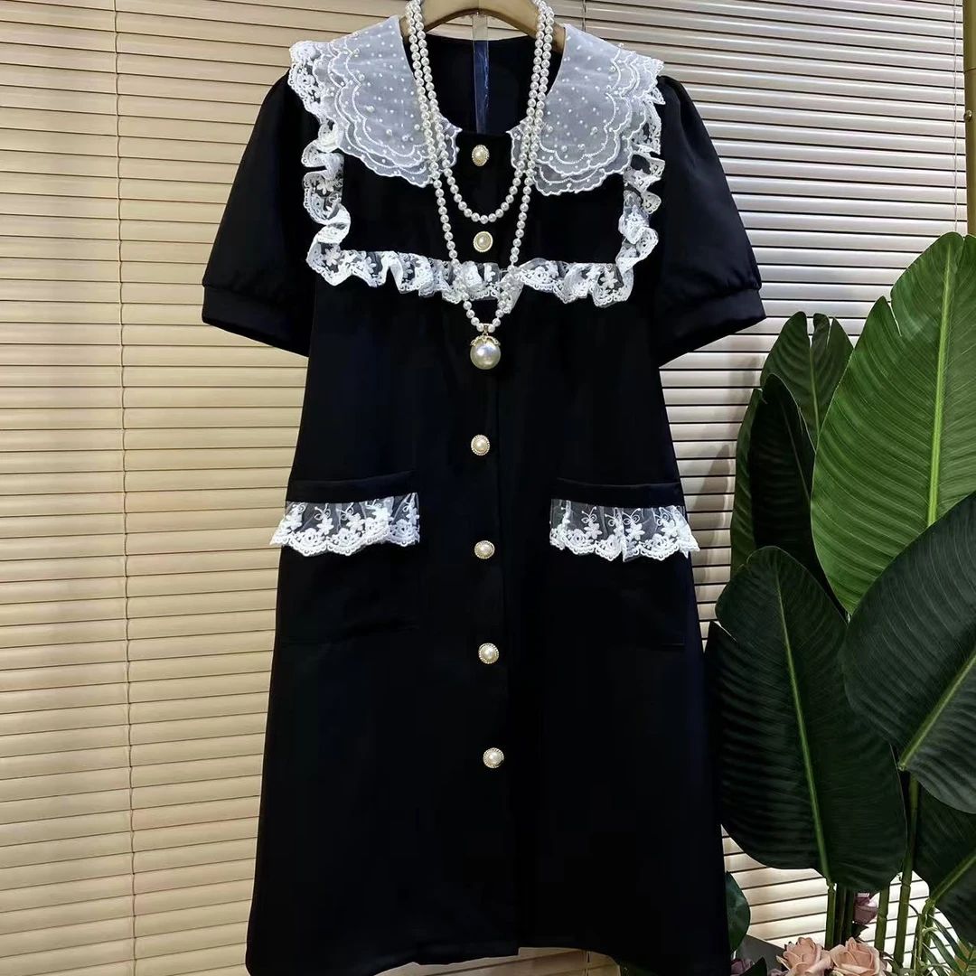 J胖mm欧货时尚新款甜美娃娃领蕾丝花边拼接显瘦连衣裙