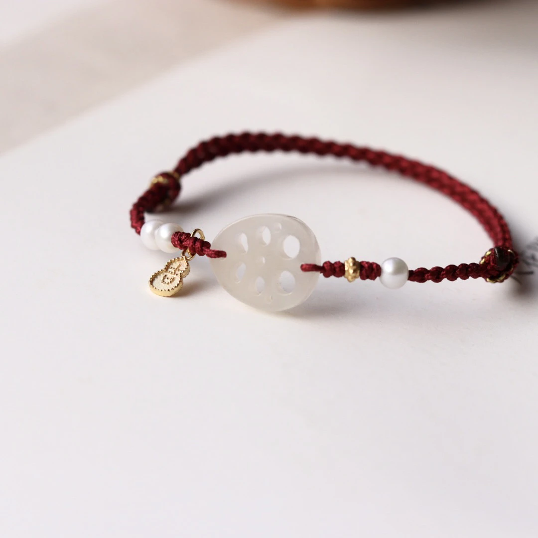 新品新年限定 和田玉莲藕手绳 藕粉莲藕红绳 圈口可调节A0022-1