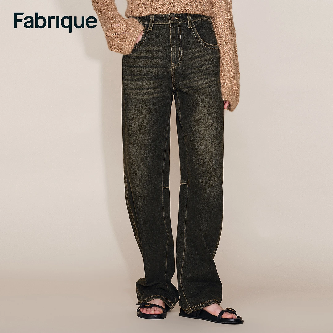 Fabrique Courtney 秋冬新品水洗黑金纯棉废土风复古弯刀牛仔裤
