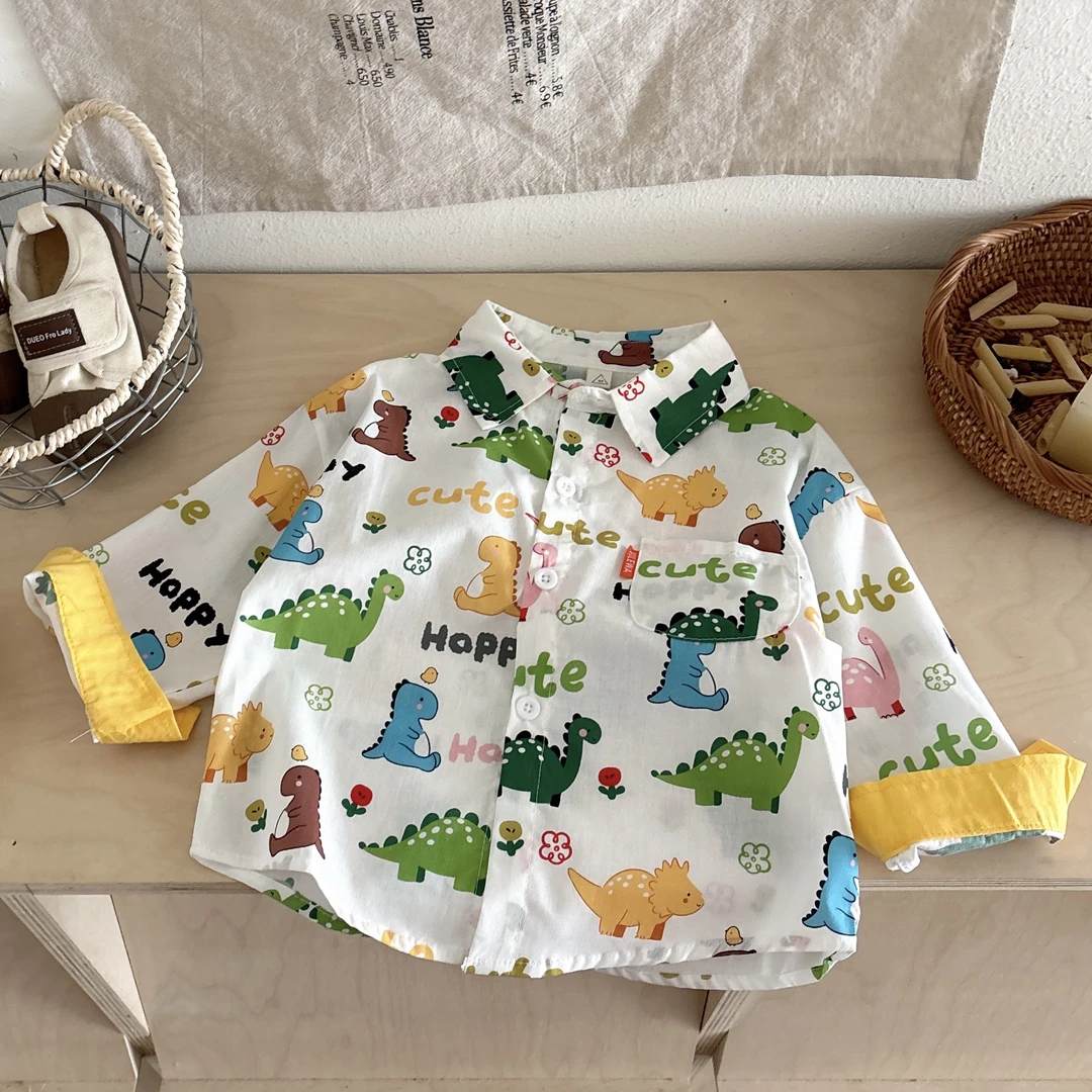 男宝宝衬衫春装2025新款洋气卡通花衬衣小童春秋长袖儿童上衣春季