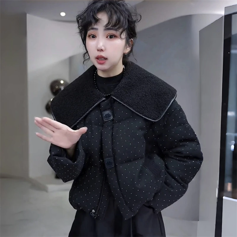 高级感重工烫钻娃娃领棉服外套2025早春新款大翻领宽松显瘦外套女