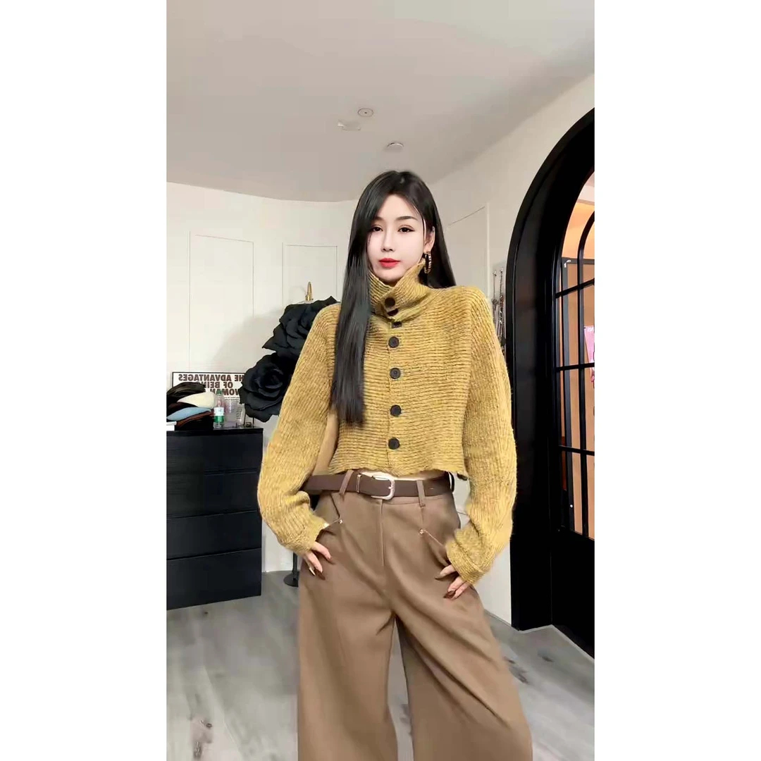 韩系慵懒风高领排扣短款长袖针织毛衣宽松显瘦毛衣开衫