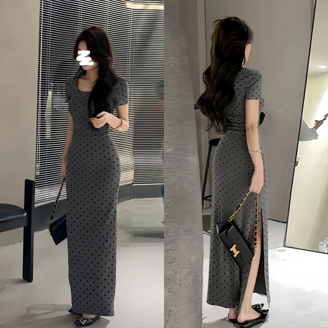 法式气质收腰显瘦连衣裙女2025夏季时尚高级感漂亮包臀开叉裙子