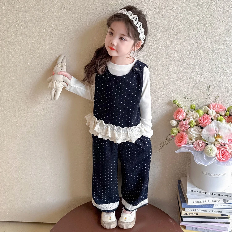 【高品质】巴拉拉女童韩版套装2025新款春秋季儿童宝宝花边波点马甲