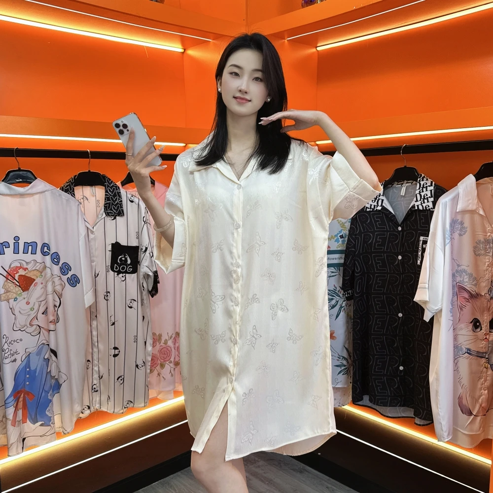 薄款睡裙女夏季冰雪丝缎面中长款睡衣裙宽松轻奢连衣裙简约家居服