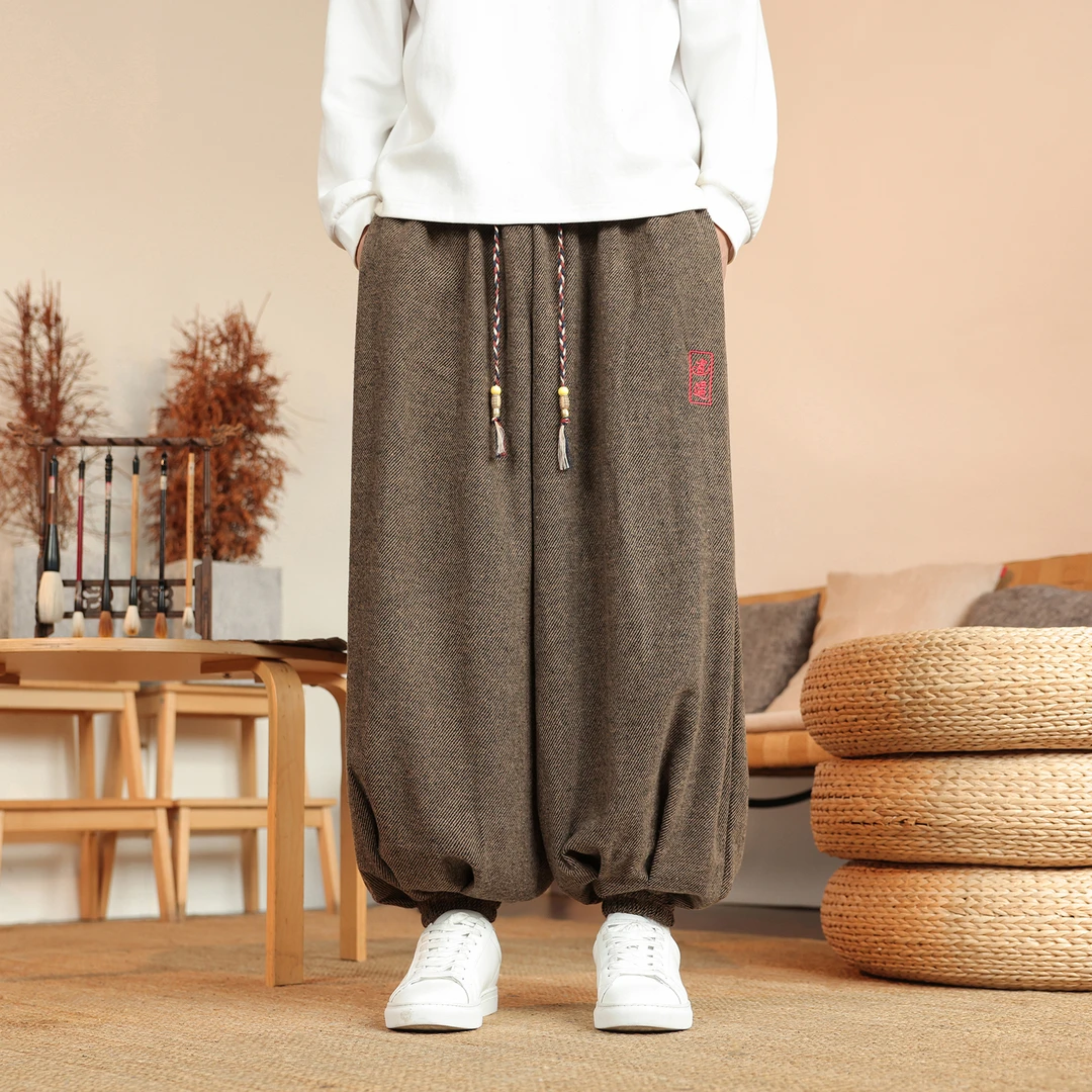 中国风刺绣毛呢休闲运动裤新中式男装秋冬季加厚宽松高级感哈伦裤