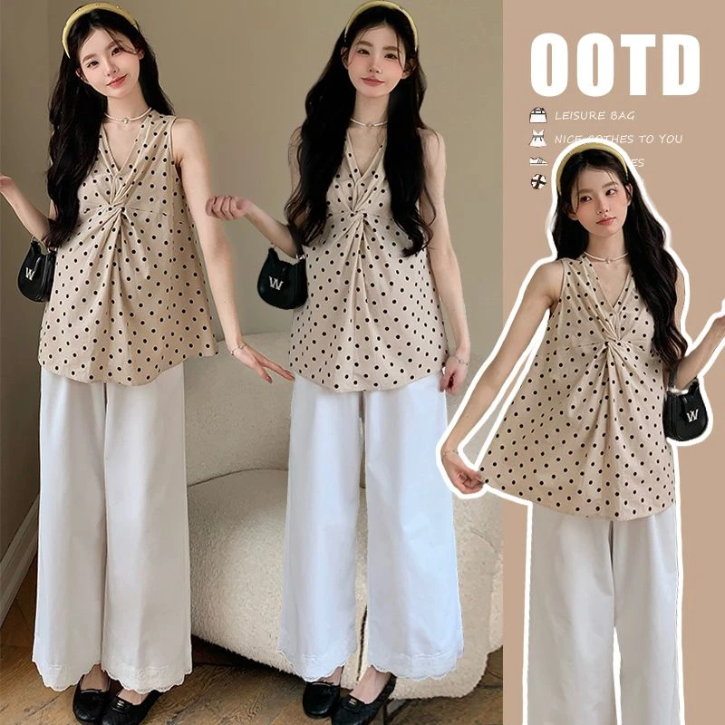 【破价清】波点宽松孕妇装夏季洋气复古港风V领上衣中长款无袖背心