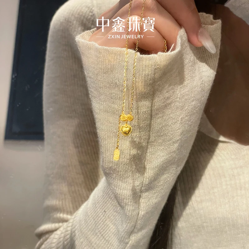 【中鑫珠宝】心蝶祈愿黄金项链爆闪足金鱼鳞爱心小福牌挂坠套链