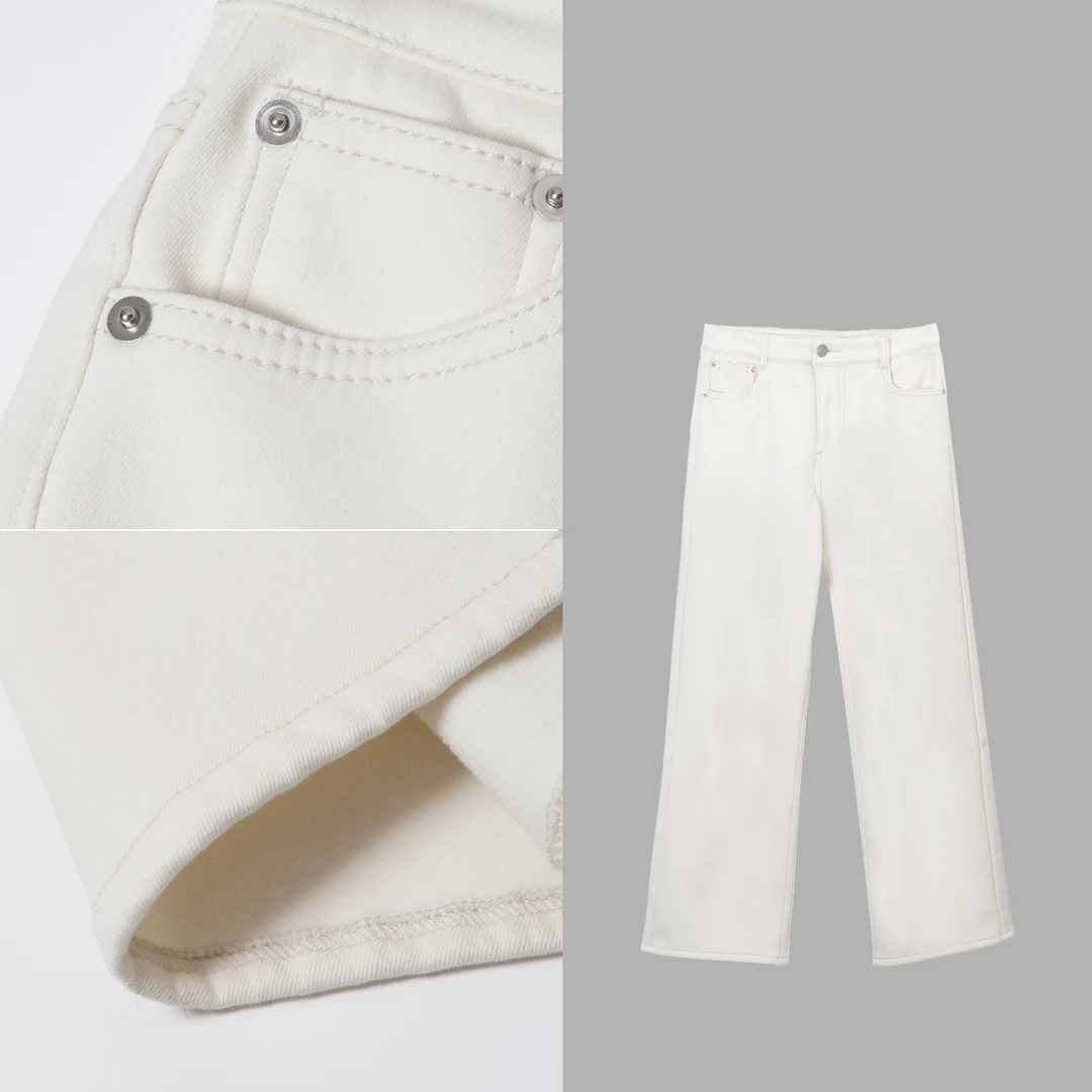 凯特丝蓓3744#【白牟】加绒高腰直筒裤宽松苹果型身材显瘦牛仔裤