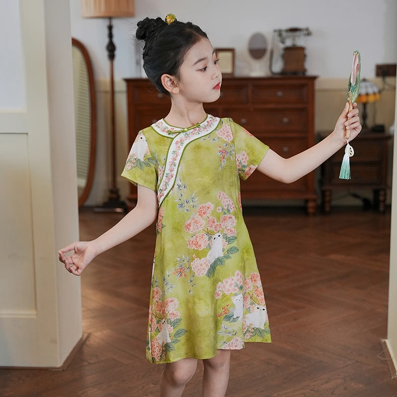 女童旗袍连衣裙2025新款夏季中国风改良汉服毕业照走秀表演服儿童