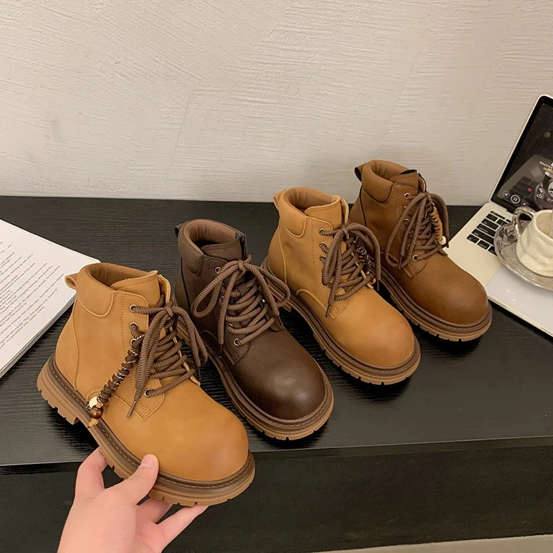 交叉扣带复古低跟女马丁靴ins小黄靴大黄靴厚底英伦风靴子系带