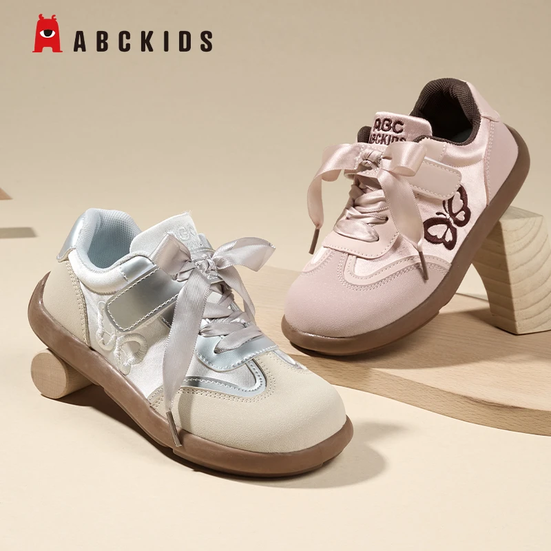 Abckids童鞋2025秋季女童透气运动鞋中大童防滑软底休闲皮面板鞋