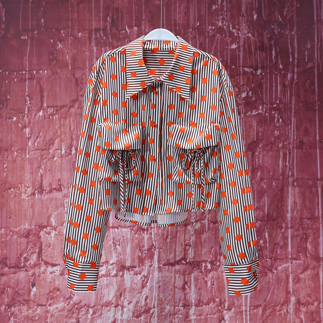 【LIANG哥女装】2025高定设计师款咖/杏条纹波点欧版衬衫6528A