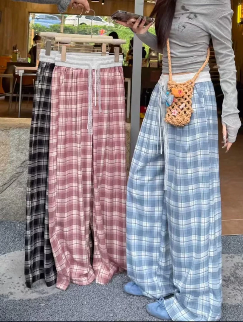夏款格子阔腿长裤直筒时尚休闲百搭