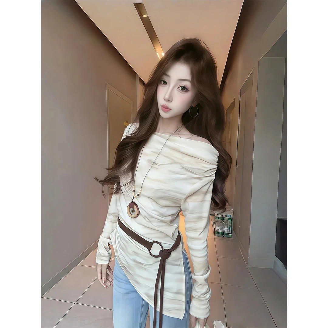 纯欲辣妹一字肩扎染长袖T恤女秋季新款修身显瘦高级感不规则上衣