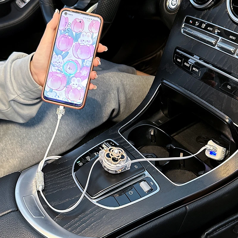 手机三合一数据线点烟器充电器车载汽车伸缩多功能快充轻奢一拖三