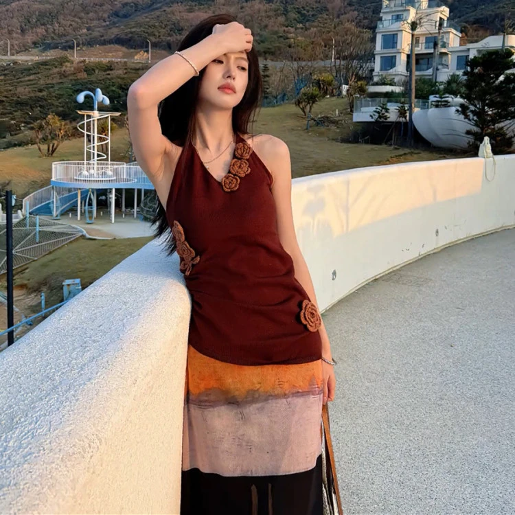 艺术感领露肩针织挂脖背心上衣+高腰扎染半身裙显瘦长裙子套装女