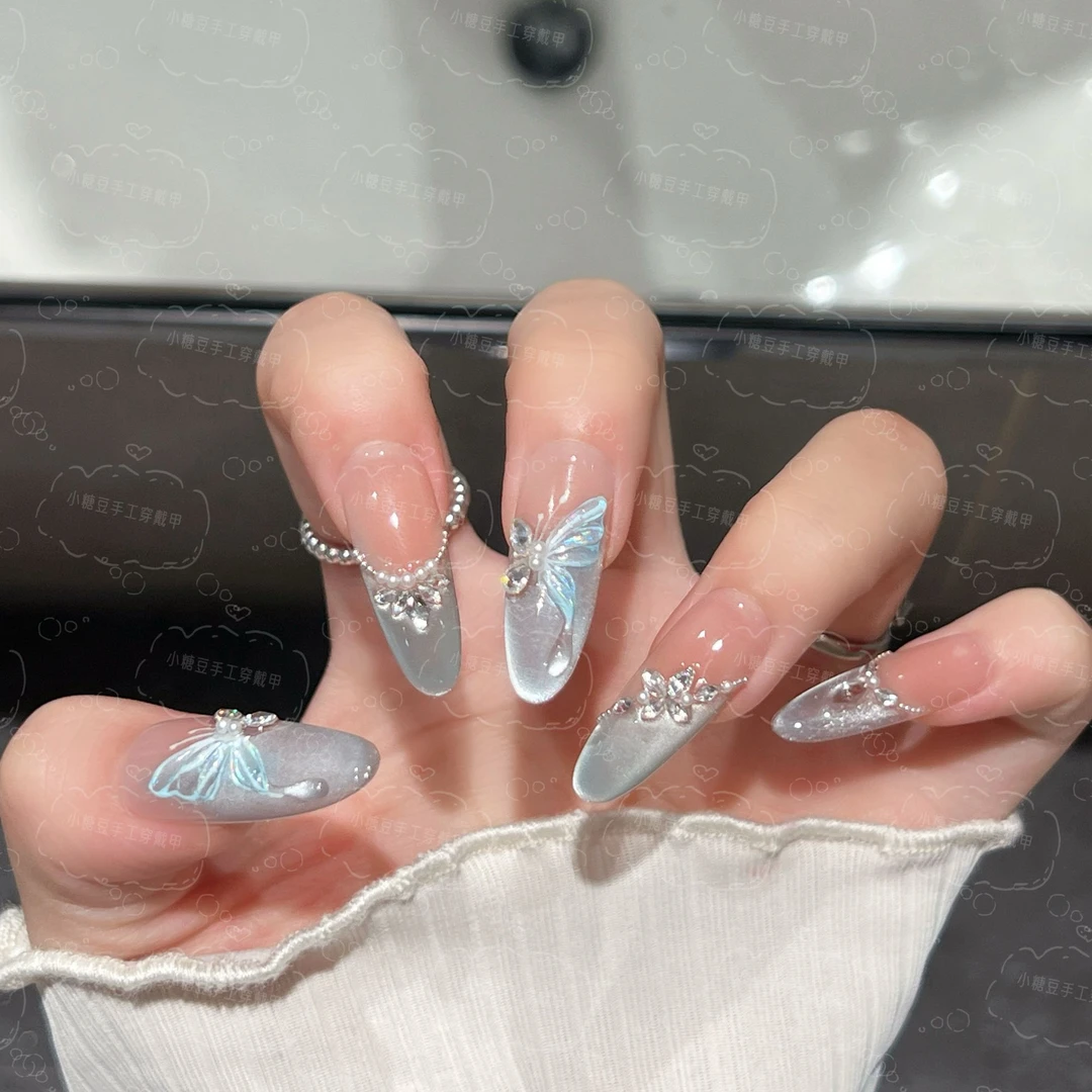 【青绿蝴蝶】纯手工法式蓝色猫眼美甲贴片显白高级感春夏穿戴甲