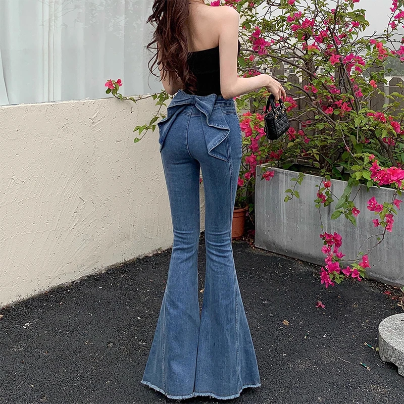 亦菲同款后腰蝴蝶结微喇牛仔裤女夏薄2025新款高腰显瘦翘臀喇叭裤
