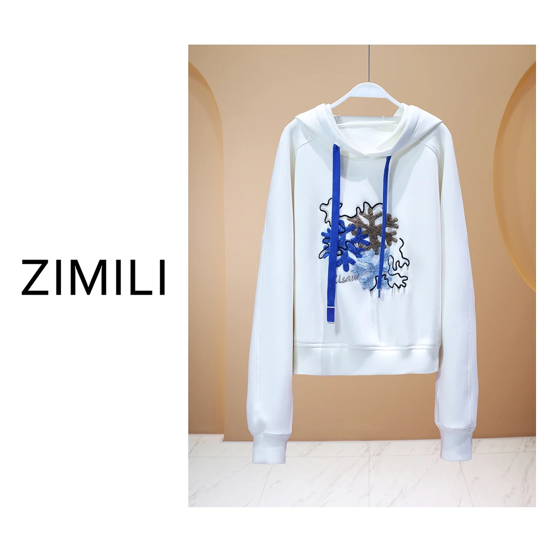 【亮哥欧货女装】2026早春新品《雪花》白色刺绣连帽加厚卫衣6028