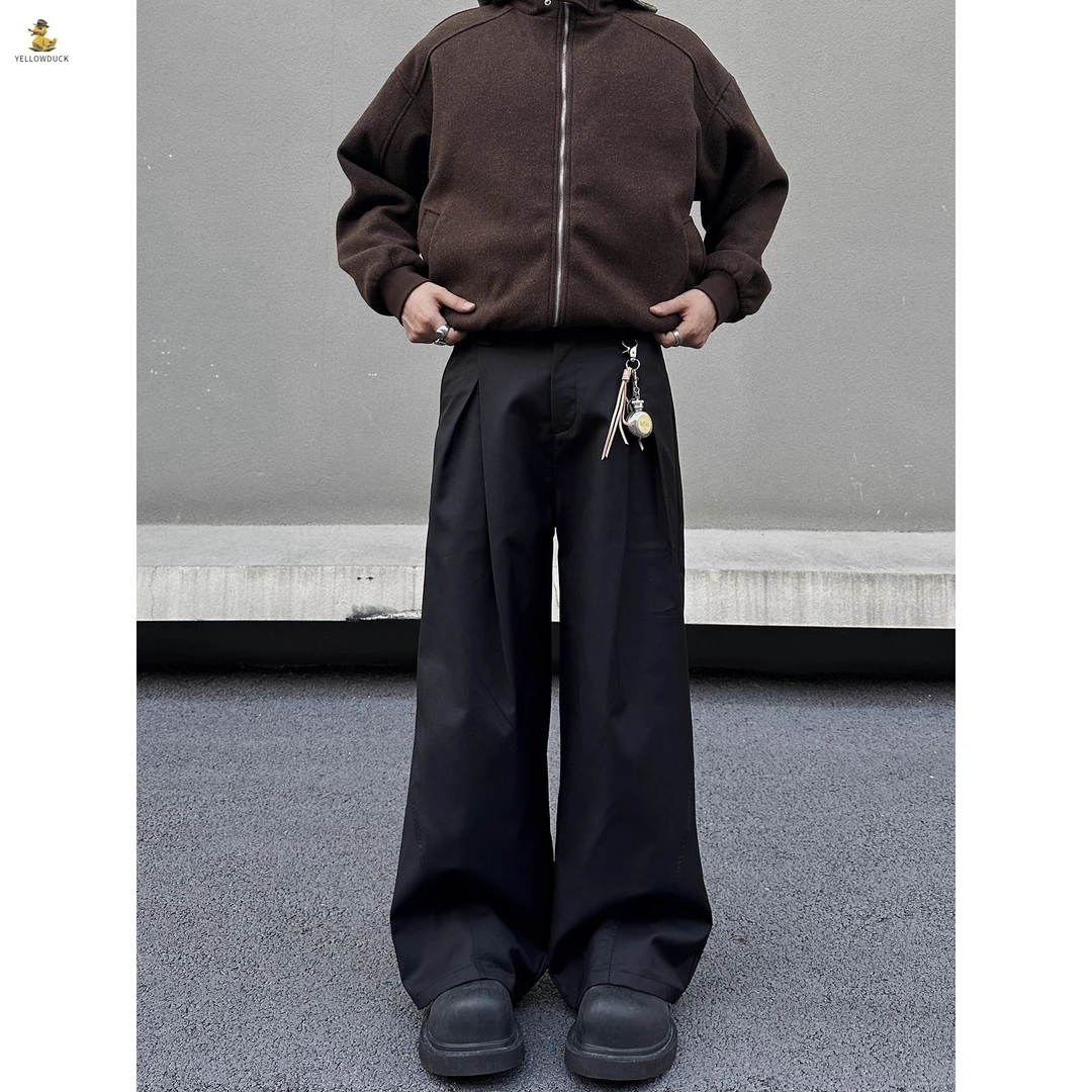 美式复古黑色直筒阔腿西裤男女设计感宽松休闲长裤子