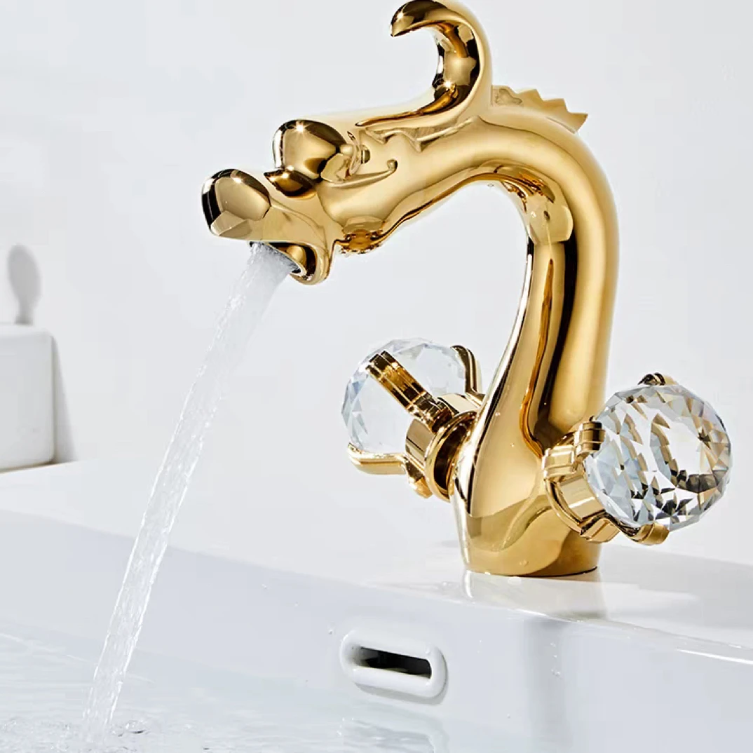 欧式金色龙形全铜双把冷热水龙头面盆洗脸盆家用酒店别墅适用纯铜