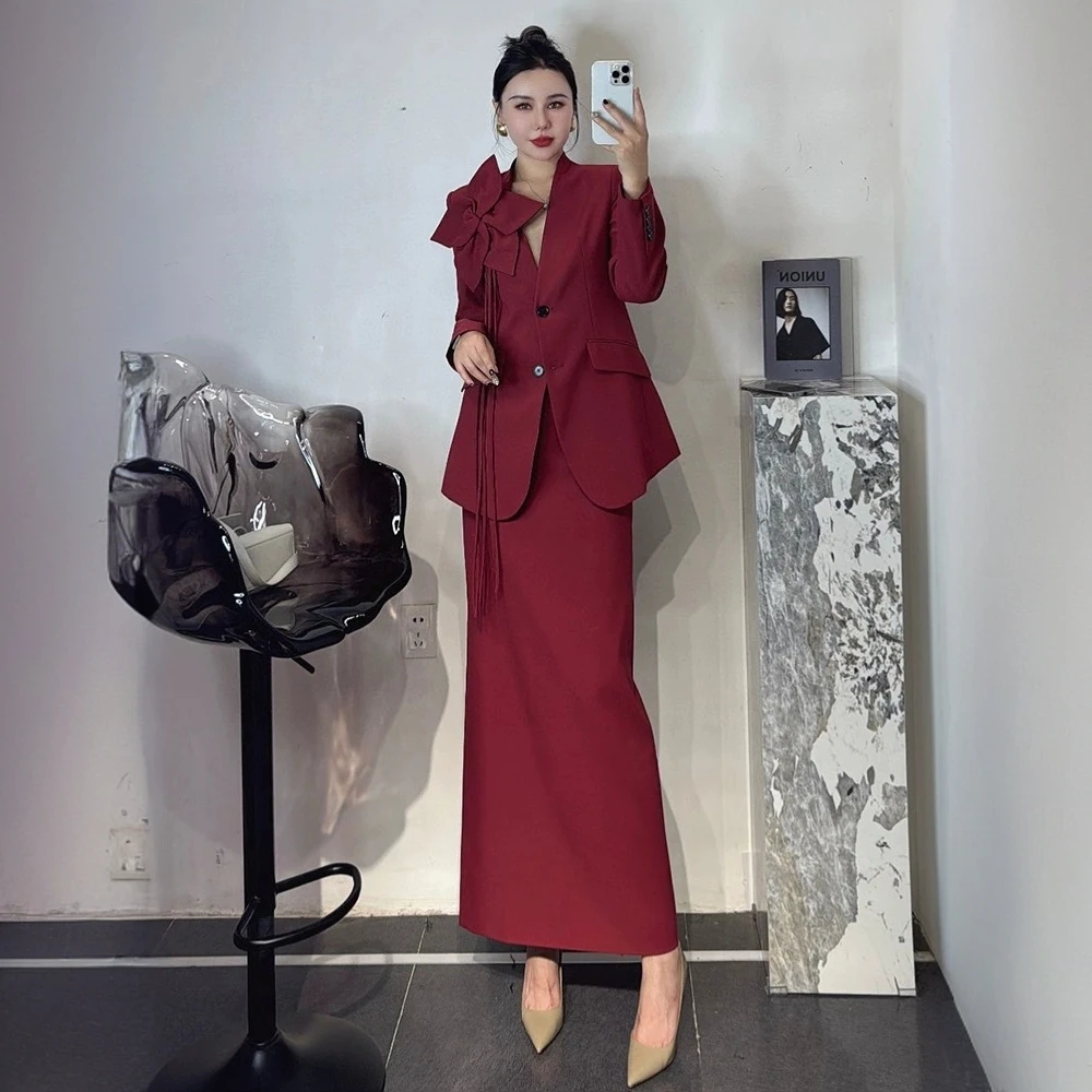 春秋新款高端高贵气质立体花朵西装套装女开叉半身裙时尚两件套