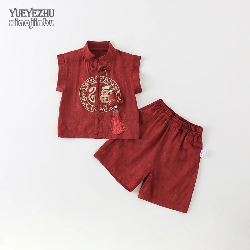 宝宝中国风套装夏季无袖分体两件套红色婴儿夏装周岁抓周礼服唐装