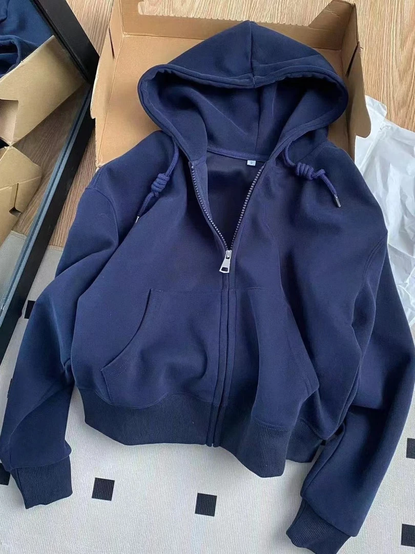 韩系小个子加绒加厚短款连帽卫衣外套女甜美显白宽松百搭显瘦上衣