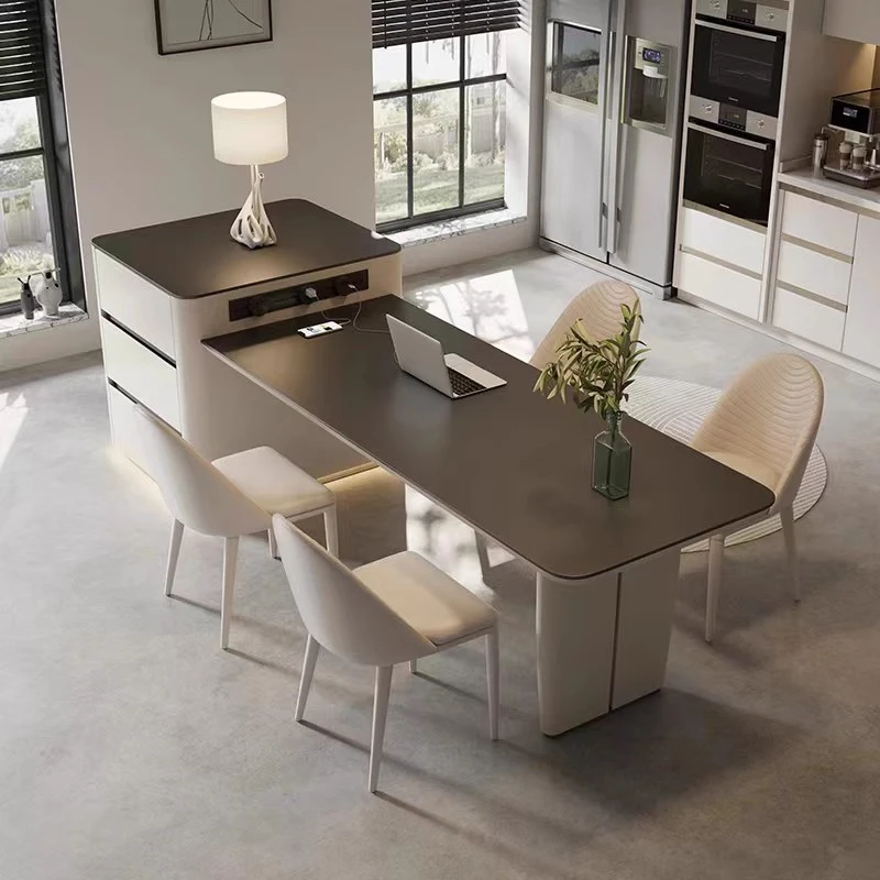 意式极简可伸缩岛台餐桌茶桌一体组合现代简约多功能家用岩板餐台