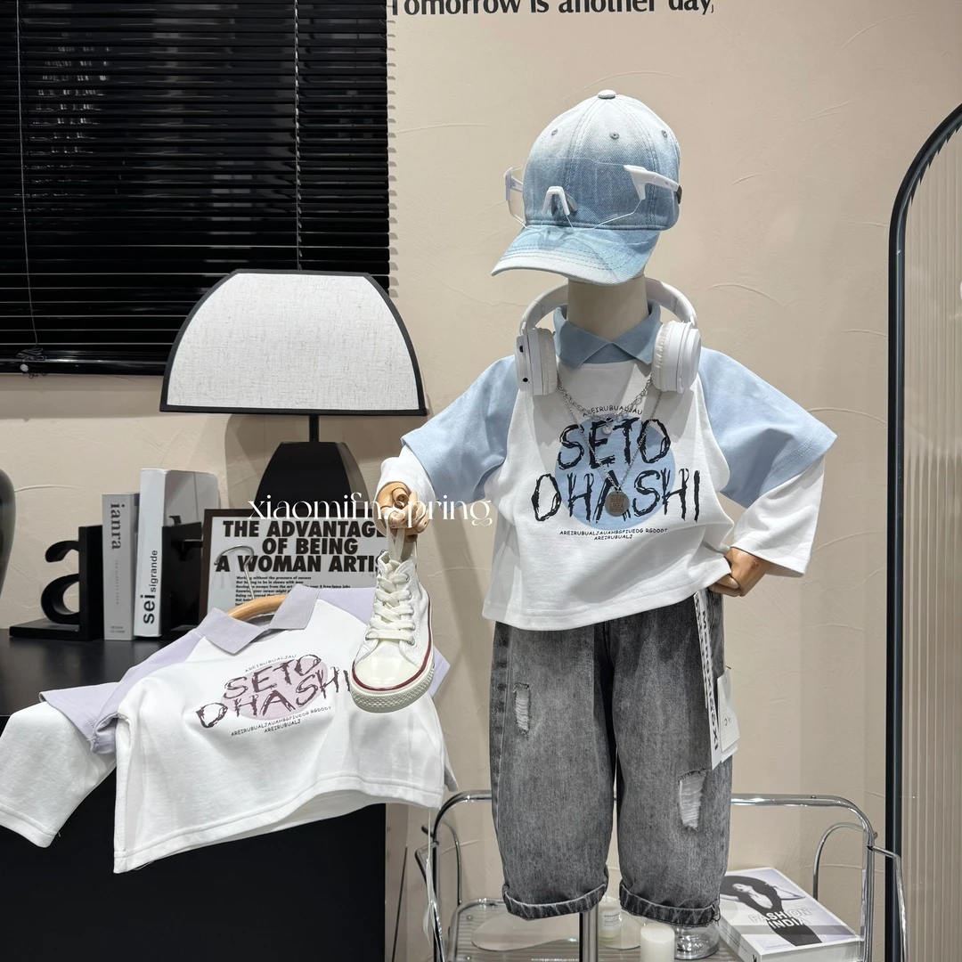 XIAOMIFN〃2025春季新款POLO衫韩版男童洋气儿童卫衣印花痞帅8033