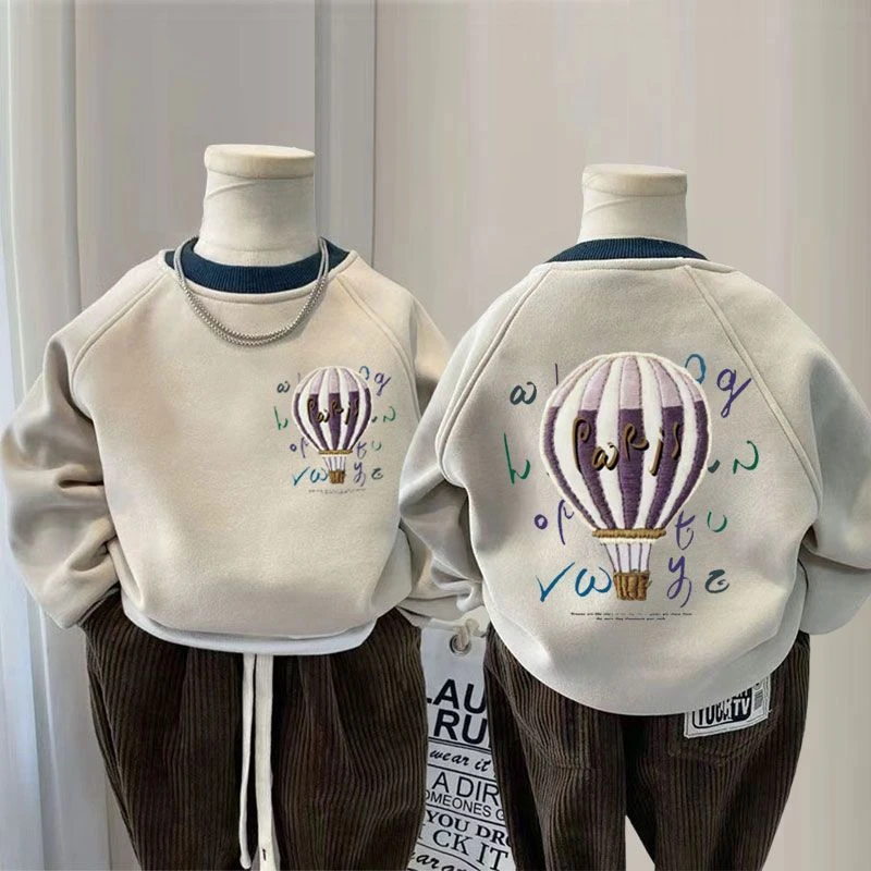 男童加绒卫衣秋冬新款时尚中大童降落伞儿童装打底衫上衣洋气长袖