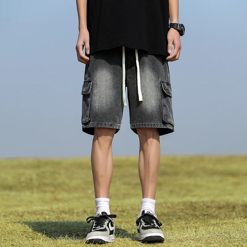 新款春夏男工装牛仔裤五分裤百搭美式口袋松紧腰立体橡筋宽松直筒