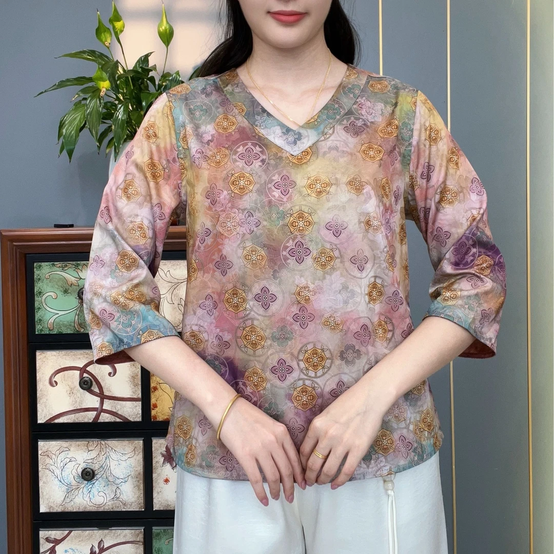 姹紫嫣红2025秋季新款V领中袖轻奢高定中老年妈妈装女士上衣小衫