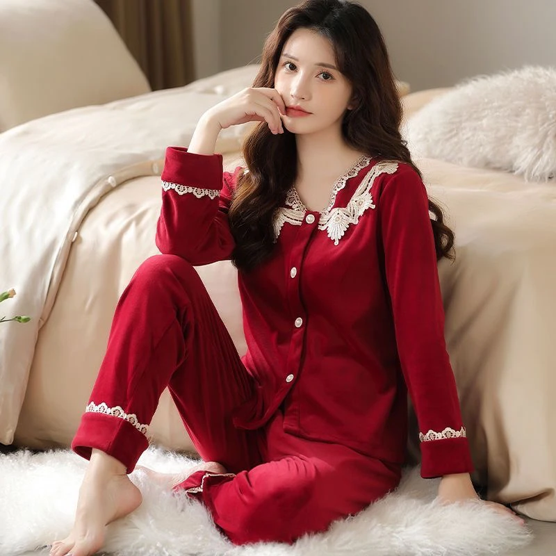 睡衣女款爆款2025新款套装纯棉春秋女士大码红色酒红本命年家居服