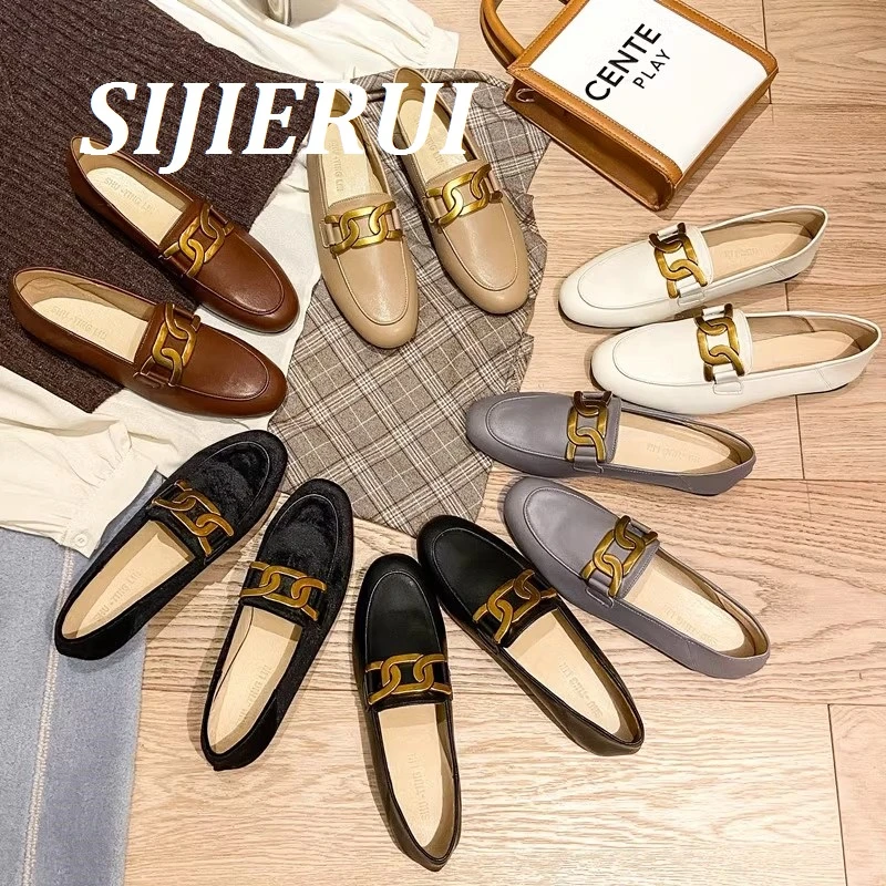 SIJIERUI乐福鞋女平底单鞋2025年春季新款豆豆鞋真皮一脚蹬小皮鞋