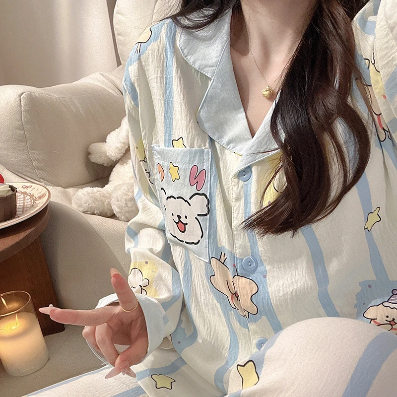 韩系天蓝条纹简笔狗睡衣少女感春秋泡泡棉长袖甜妹家居服套装网红