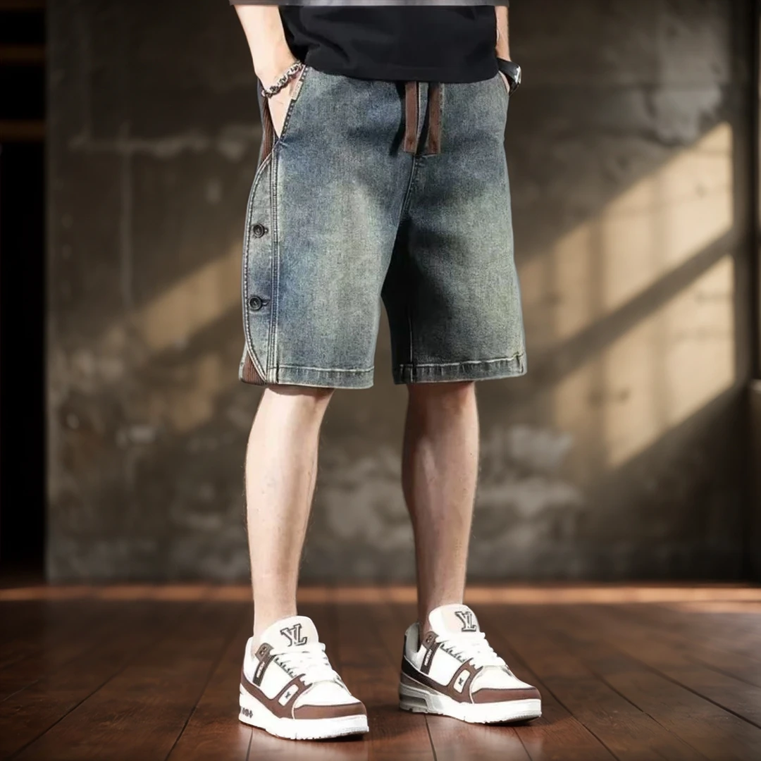 美式复古牛仔短裤男夏季新款透气宽松大码五分裤潮牌痞帅休闲中裤